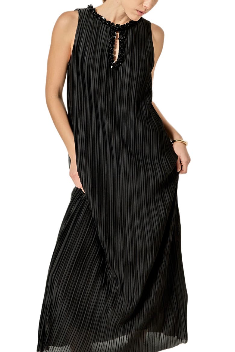 Embellished Plissé Sleeveless Maxi Dress, Alternate, color, BLACK