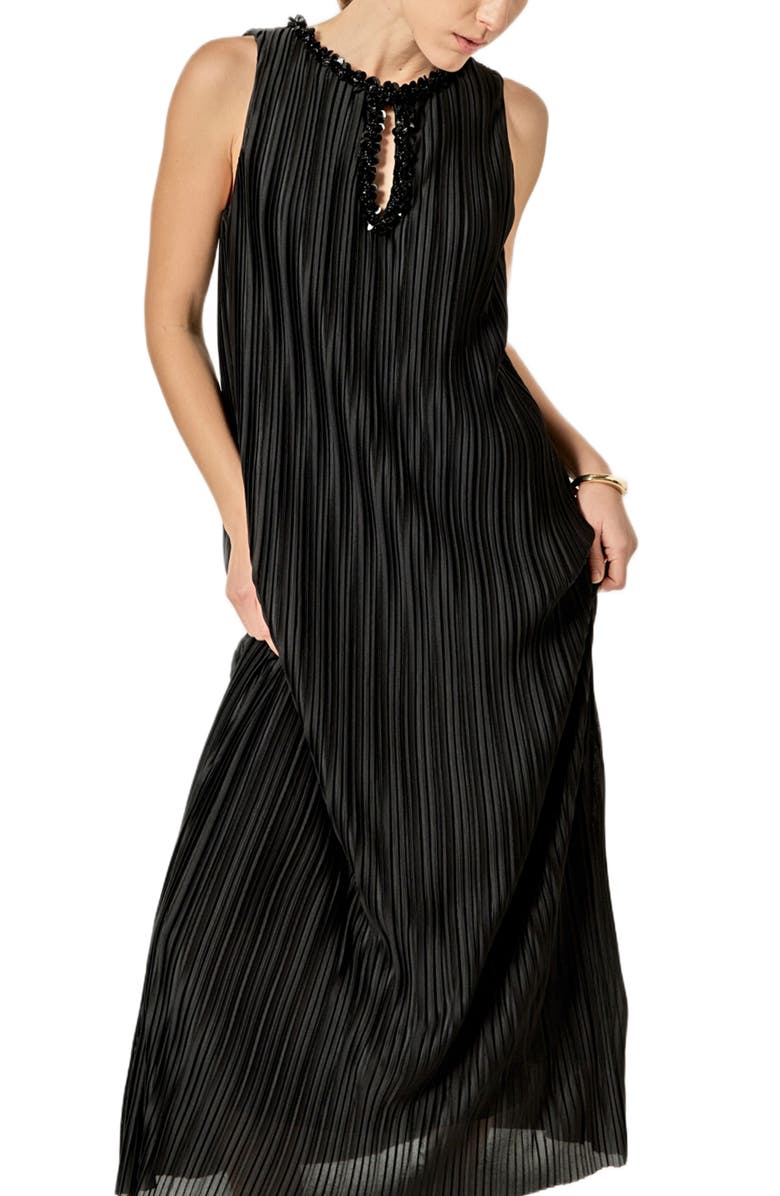 English Factory Embellished Plissé Sleeveless Maxi Dress, Alternate, color, Black