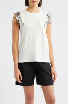 Bobeau Embroidered Ruffle Cuff Top