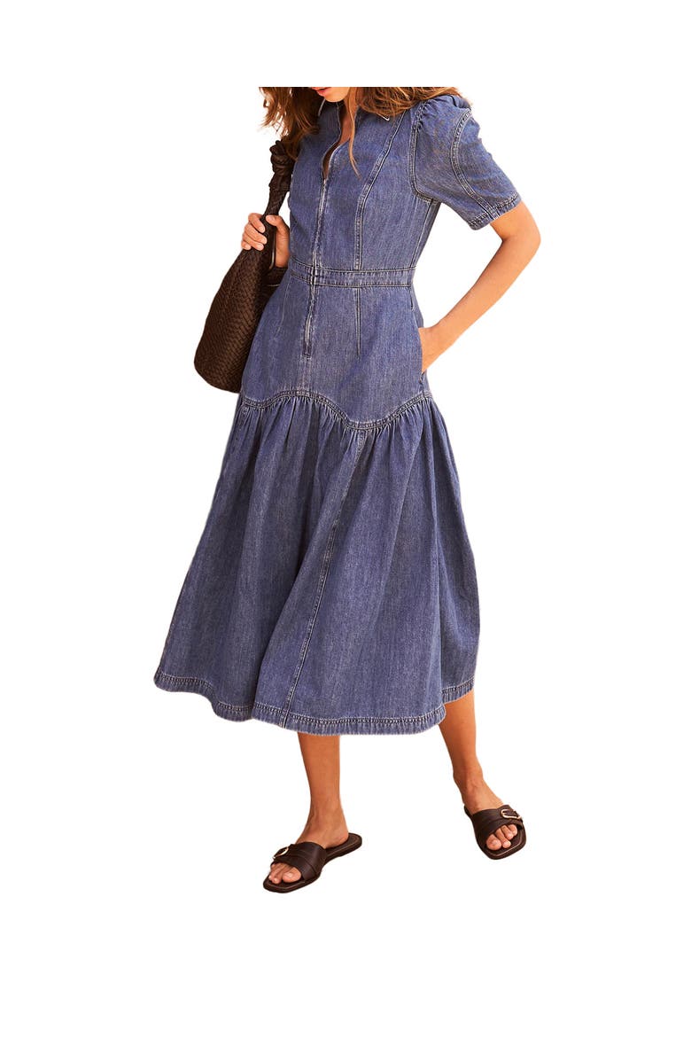 Puff Sleeve Denim Midi Dress, Alternate, color, Blue