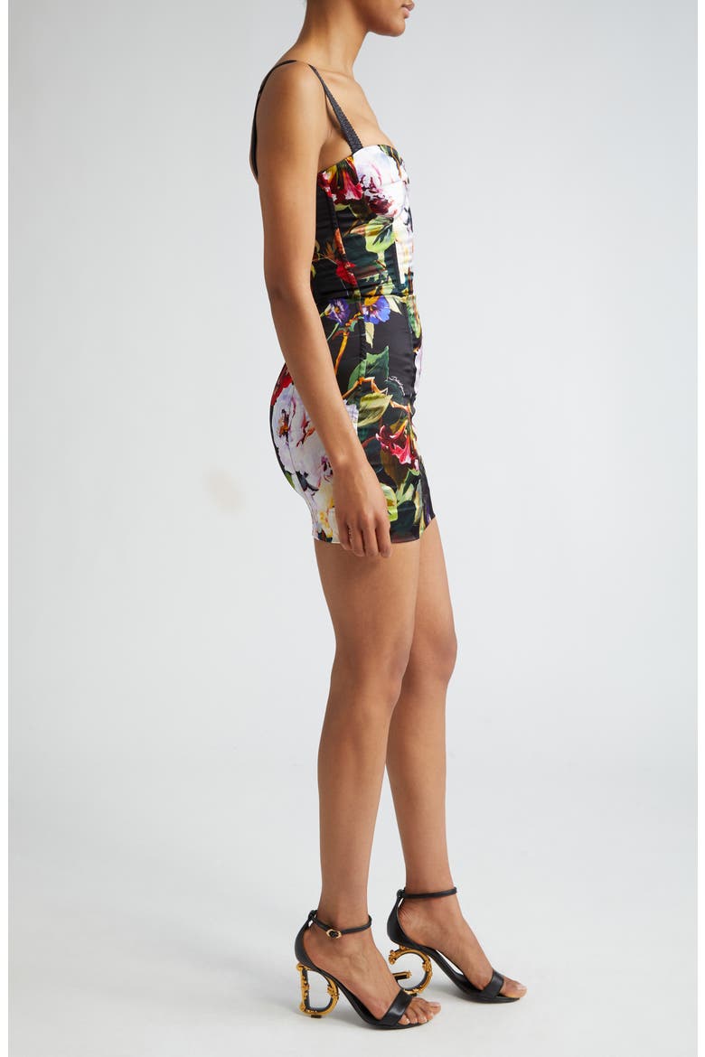 Rose Garden Print Satin Corset Mini Dress, Alternate, color, NERO