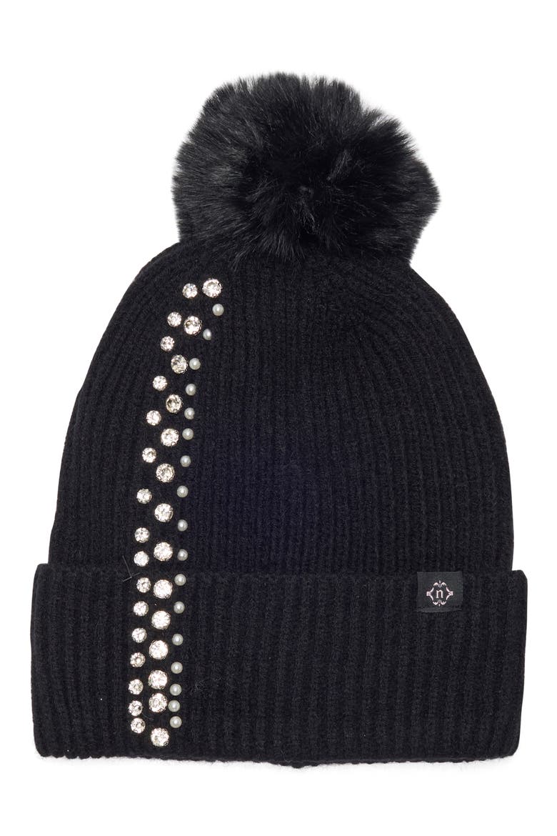 Ladder Knit Pom Beanie, Main, color, BLACK