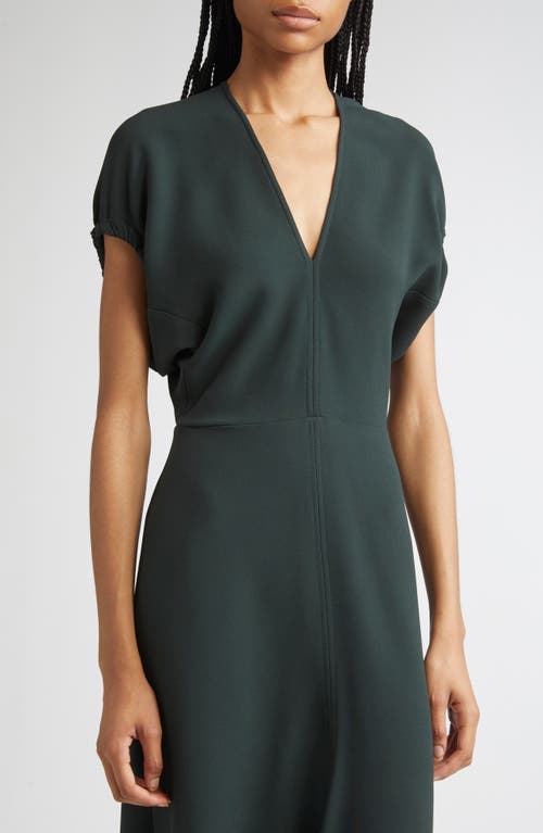 Victoria Beckham Green Midi Dress With Ruched Sleeves And V Neck In Black