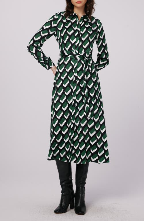 DVF Gizelle Chevron Long Sleeve Midi Dress in Blocks Green Lg 