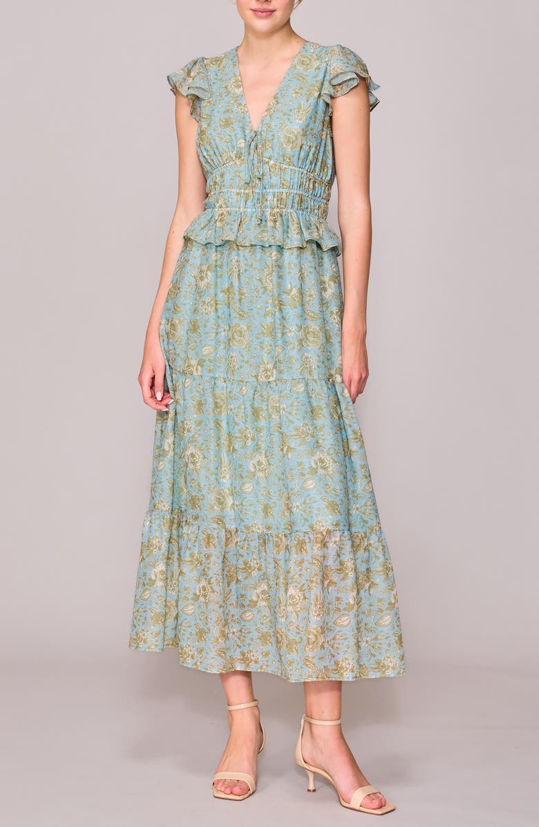 MELLODAY V-Neck Ruffle Shoulder Tiered Dress, Main, color, 