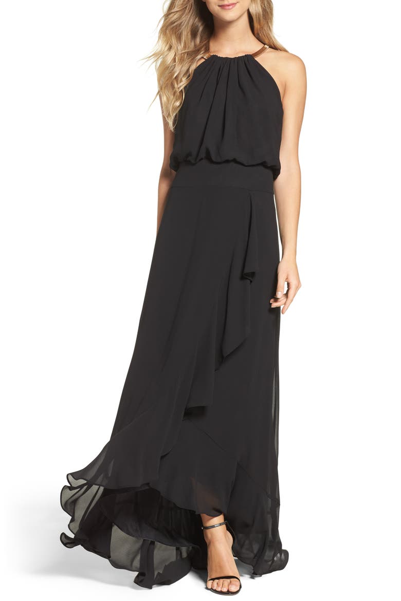 Chiffon Ruffle Gown, Main, color, BLACK