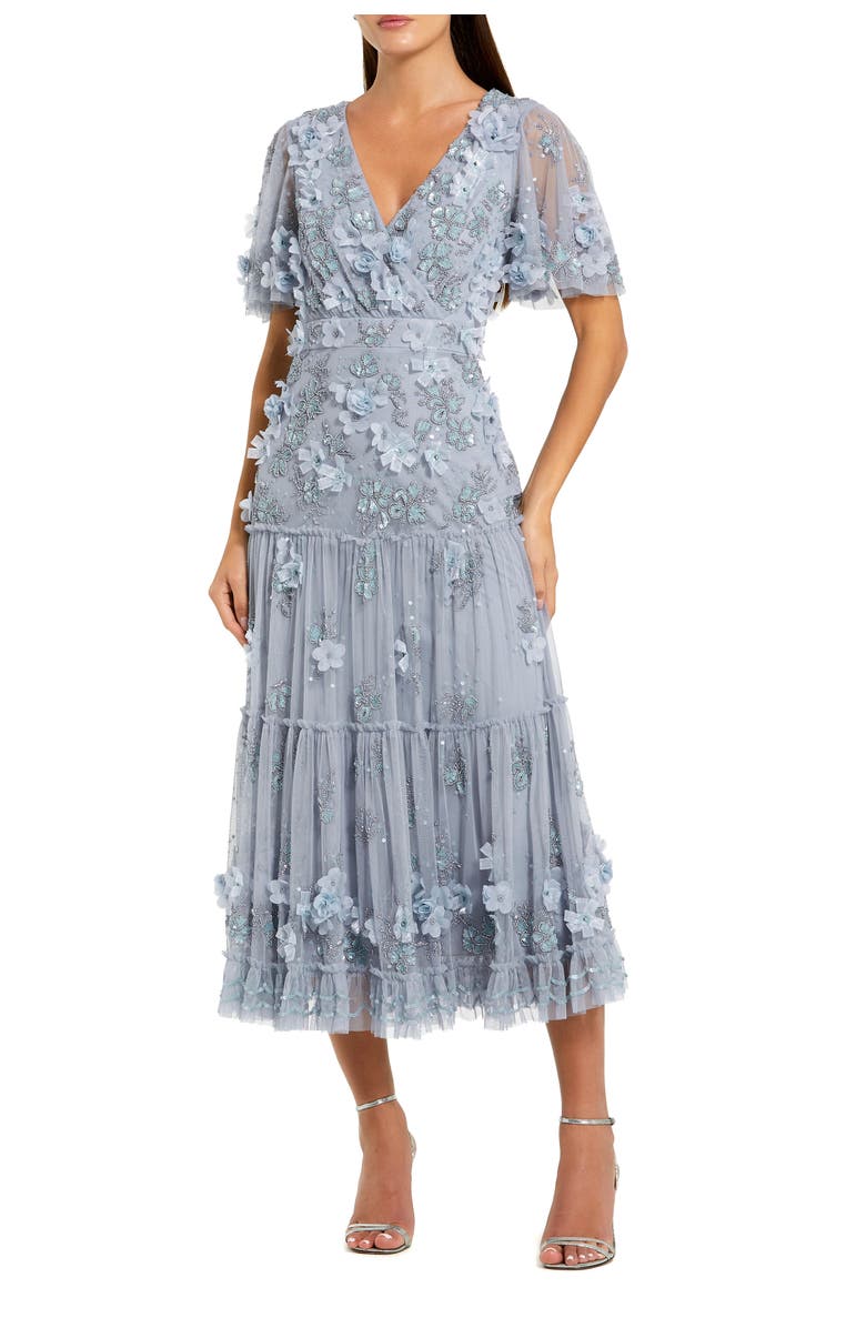 Mac Duggal Floral Beaded Embellished Flutter Sleeve Tiered Dress, Main, color, Powder Blue