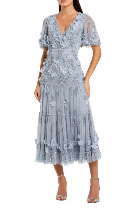 Floral Beaded Embellished Flutter Sleeve Tiered Dress