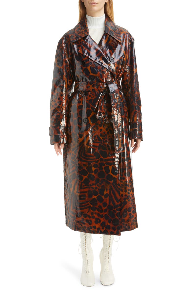Dries Van Noten Ronas Leopard Print Laminated Cotton Drill Trench Coat, Main, color, 
