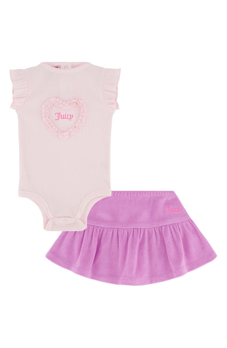 Juicy Couture Rib Ruffle Bodysuit & French Terry Skort Set, Main, color, Pink