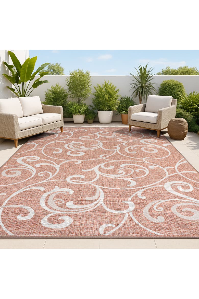 Maribel Traditional Classic All-Over Scroll Indoor/Outdoor Area Rug, Alternate, color, Salmon/Cream