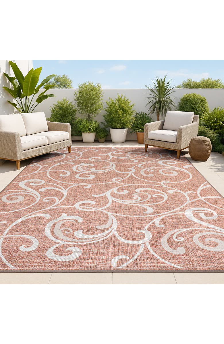 JONATHAN Y Maribel Traditional Classic All-Over Scroll Indoor/Outdoor Area Rug, Alternate, color, Salmon/Cream