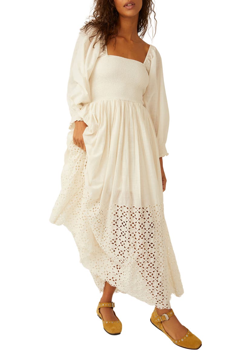 Free People Perfect Storm Smocked Eyelet Long Sleeve Maxi Dress, Main, color, Tea