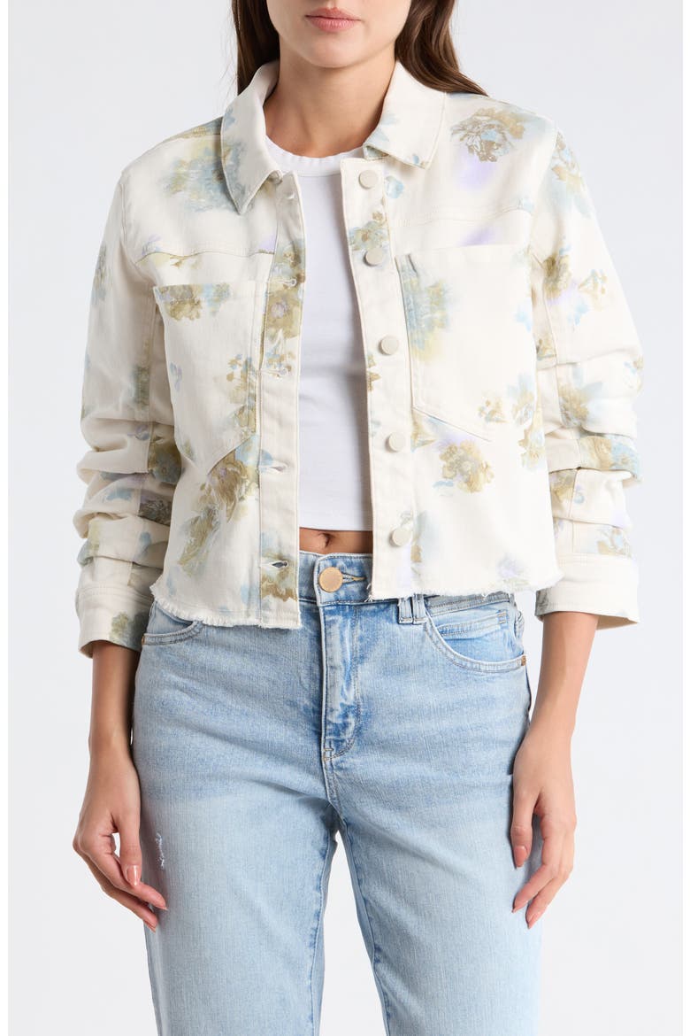Ruched Sleeve Crop Denim Jacket, Main, color, OFF WHITE/ LAVENDER MULTI