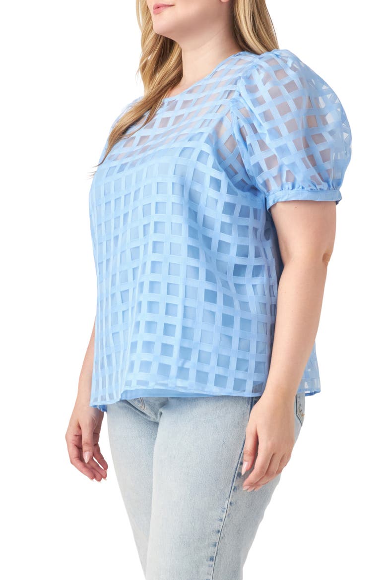 Sheer Plaid Short Puff Sleeve Top, Alternate, color, BLUE