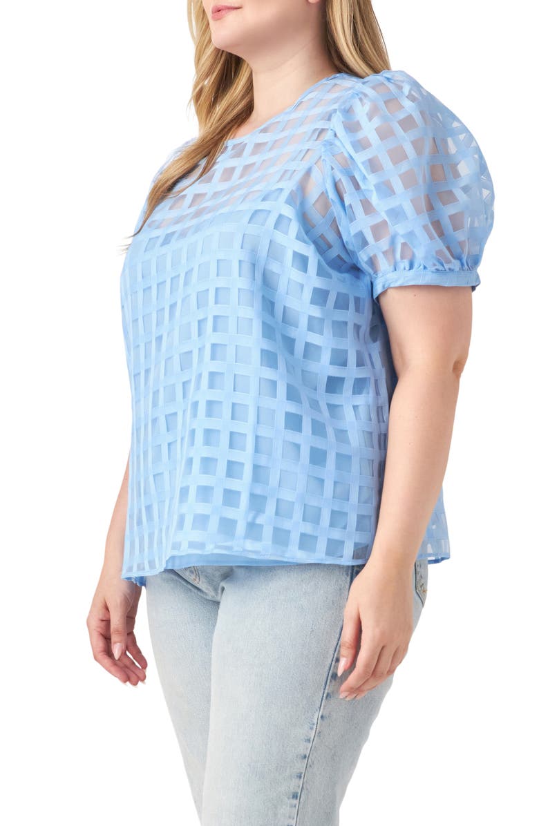 English Factory Sheer Plaid Short Puff Sleeve Top, Alternate, color, Blue