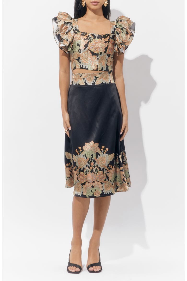 Milan Floral Top & Border Print Skirt Set, Alternate, color, BLACK/GOLD