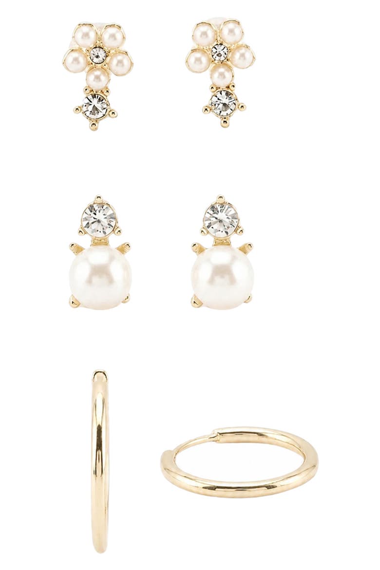 Set of 3 Imitation Pearl & Cubic Zirconia Earrings, Main, color, WHITE/ CLEAR/ GOLD
