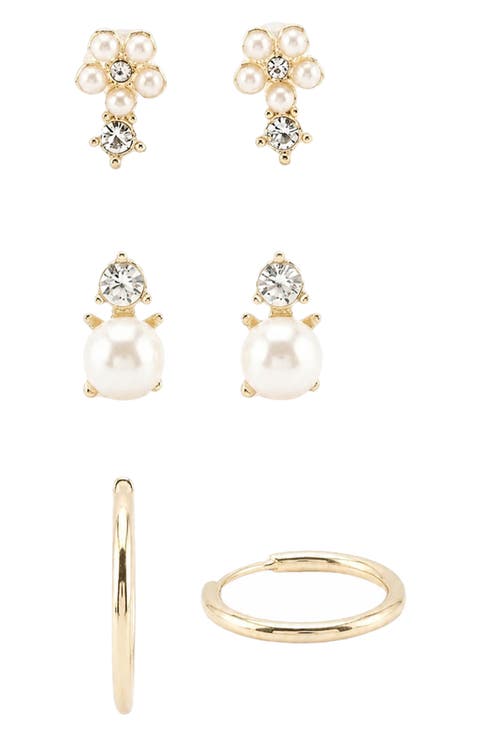 Set of 3 Imitation Pearl & Cubic Zirconia Earrings