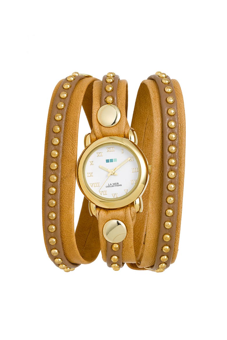 'Bali' Gold Studded Leather Wrap Watch, Main, color, CAMEL/ GOLD