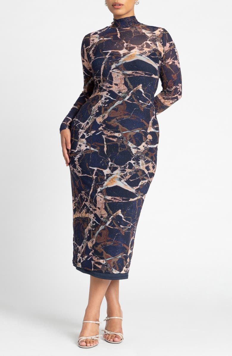 ELOQUII Print Long Sleeve Mesh Midi Dress, Main, color, 