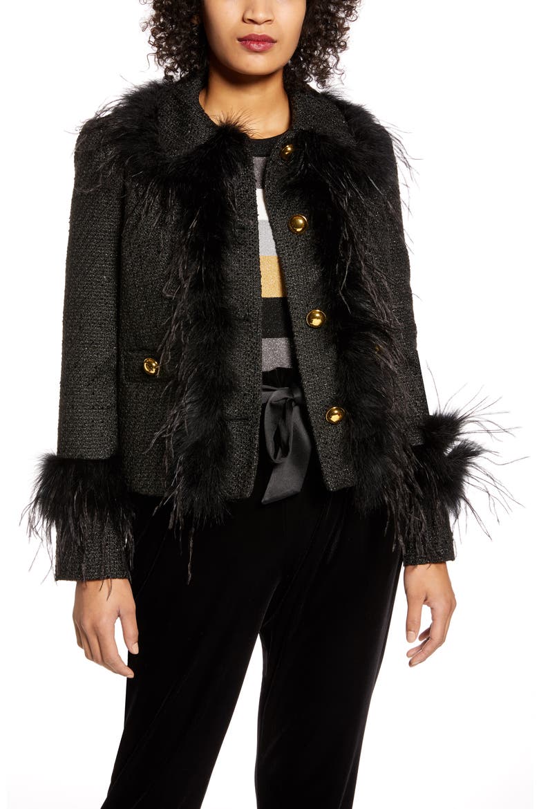x Atlantic-Pacific Feather Trim Tweed Jacket (Nordstrom Exclusive), Main, color, BLACK- GOLD TARA TWEED