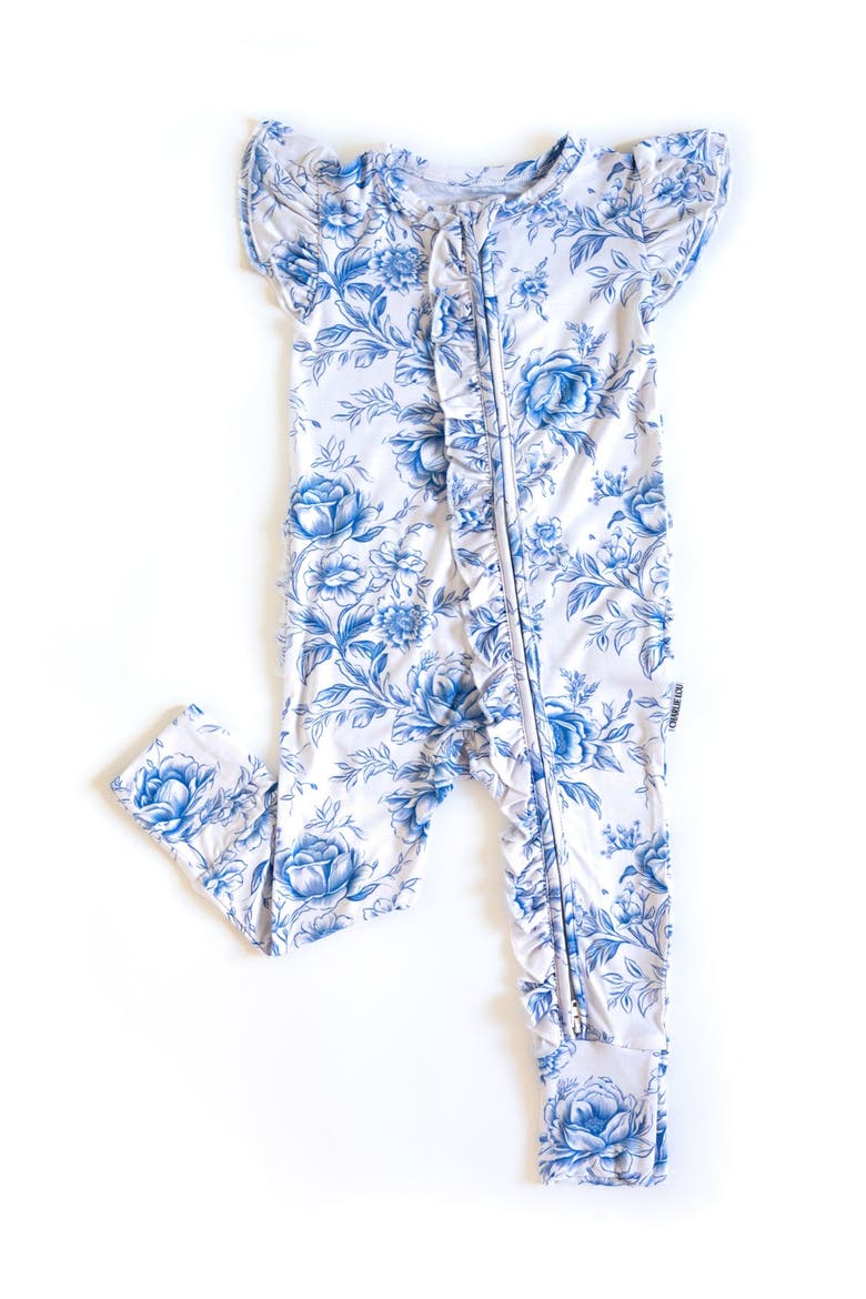 Secret Garden Toile Ruffle Flutter Sleeve Zip Romper, Main, color, Blue
