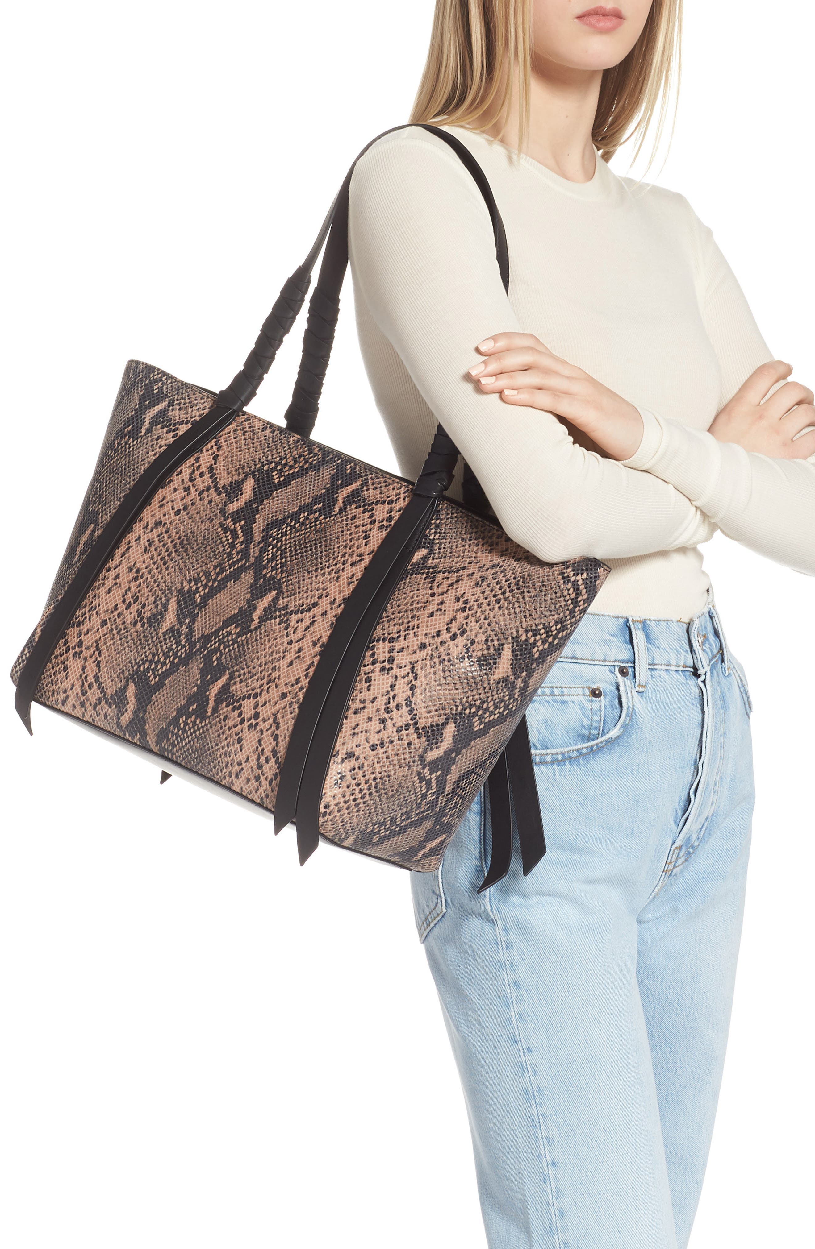 AllSaints Small Kepi Snake Embossed Leather East/West Tote, Alternate, color, 