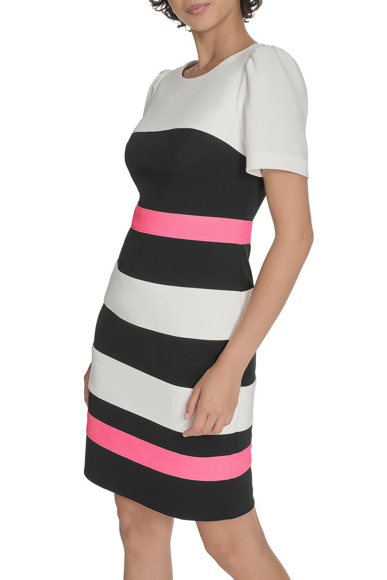 Short Sleeve Colorblock Sheath Dress, Alternate, color, IVO/BLK/PEONY