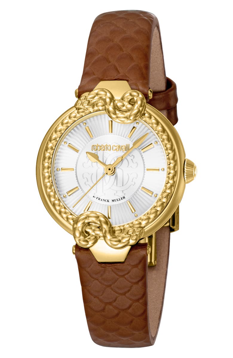 Roberto Cavalli by Franck Muller Leather Strap Watch, 30mm, Main, color, Brown