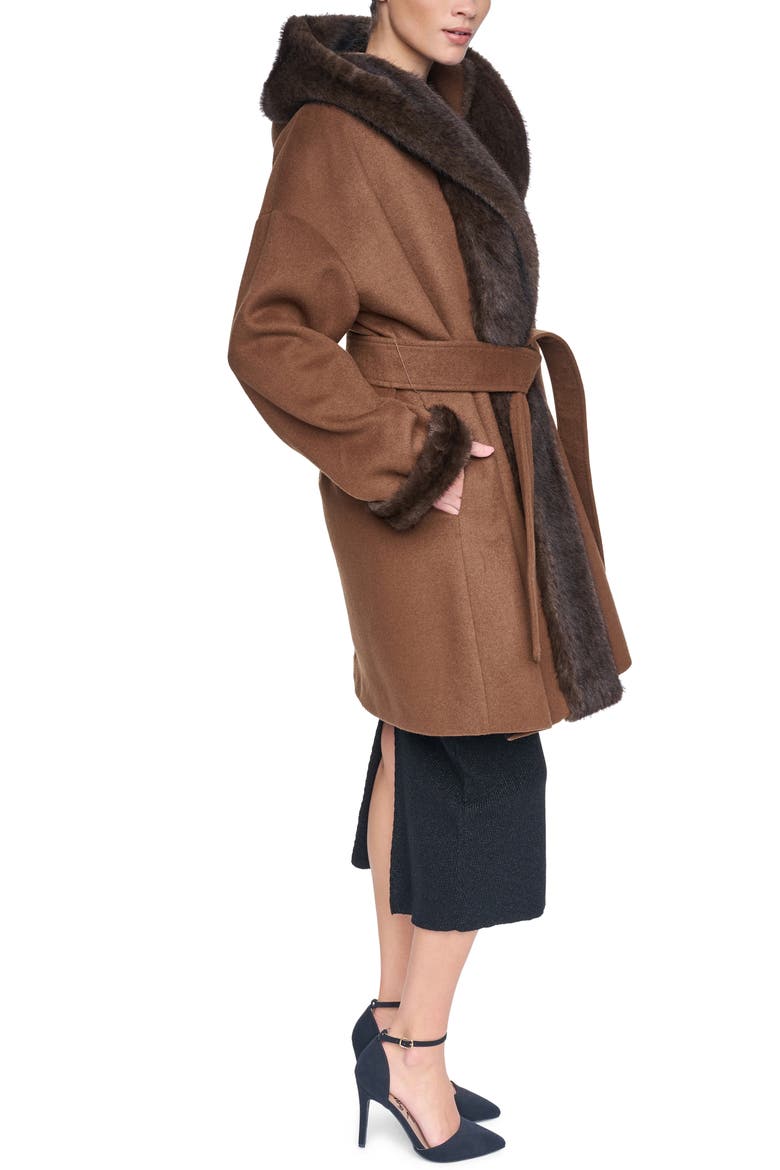 Faux Fur Trim Wool Blend Hooded Coat, Alternate, color, VICUNA