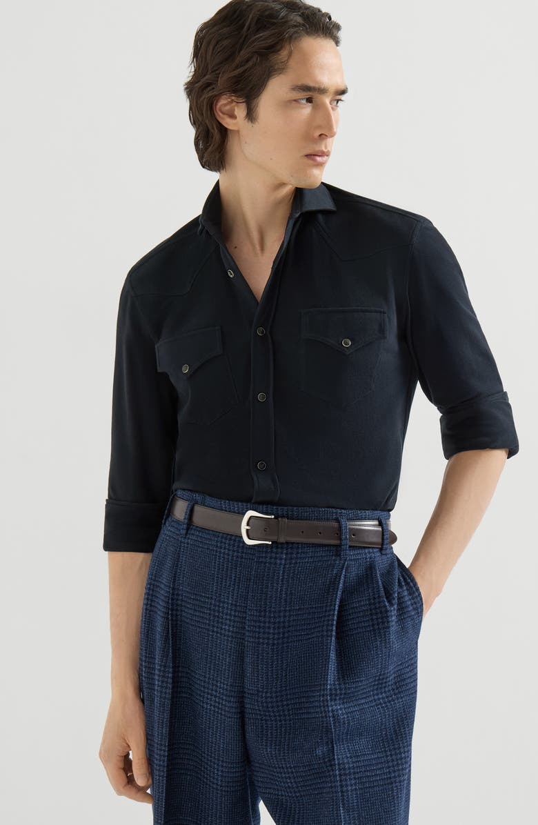 Brunello Cucinelli Cotton piqué western shirt, Alternate, color, Navy Blue