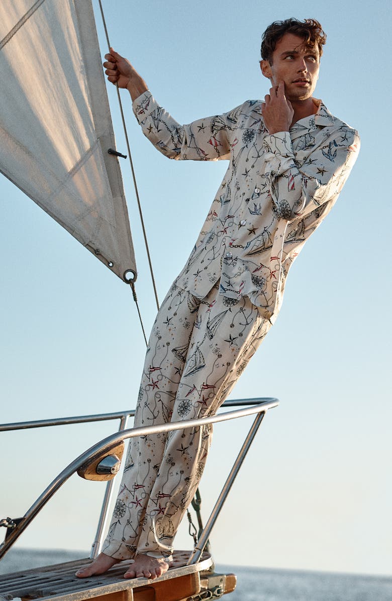Petite Plume Regatta Print Mulberry Silk Pajamas, Alternate, color, Beige