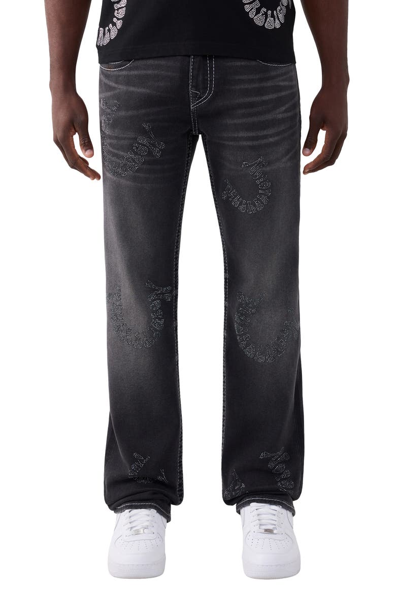 Ricky Crystal Logo Straight Leg Jeans, Main, color, DEEP SILENCE BLACK WASH