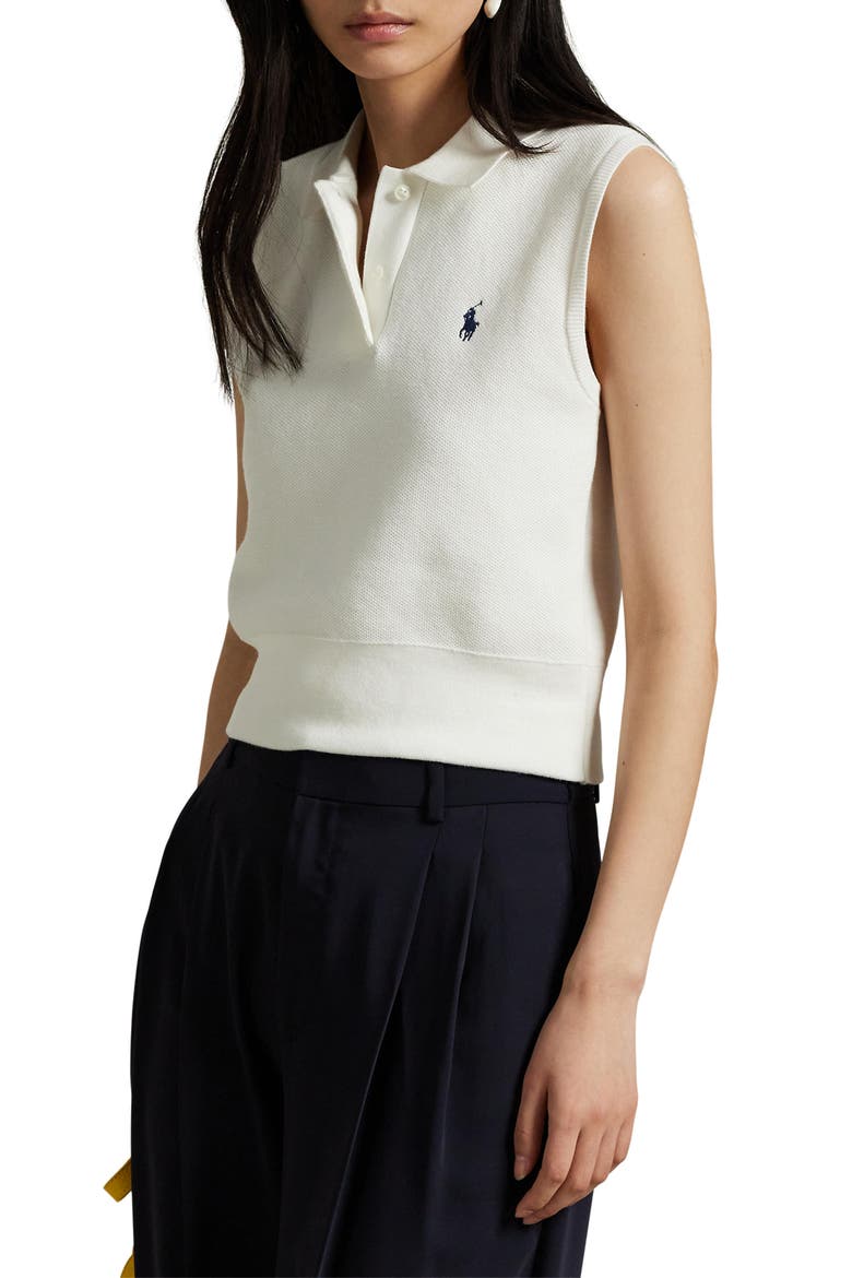 Sleeveless Cotton Blend Piqué Polo Sweater, Main, color, WHITE