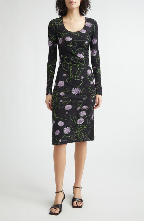 Twisted Floral Long Sleeve Mesh Body-Con Midi Dress