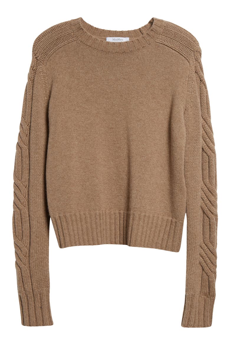Berlina Cable Knit Sleeve Cashmere Crewneck Sweater, Alternate, color, SAND