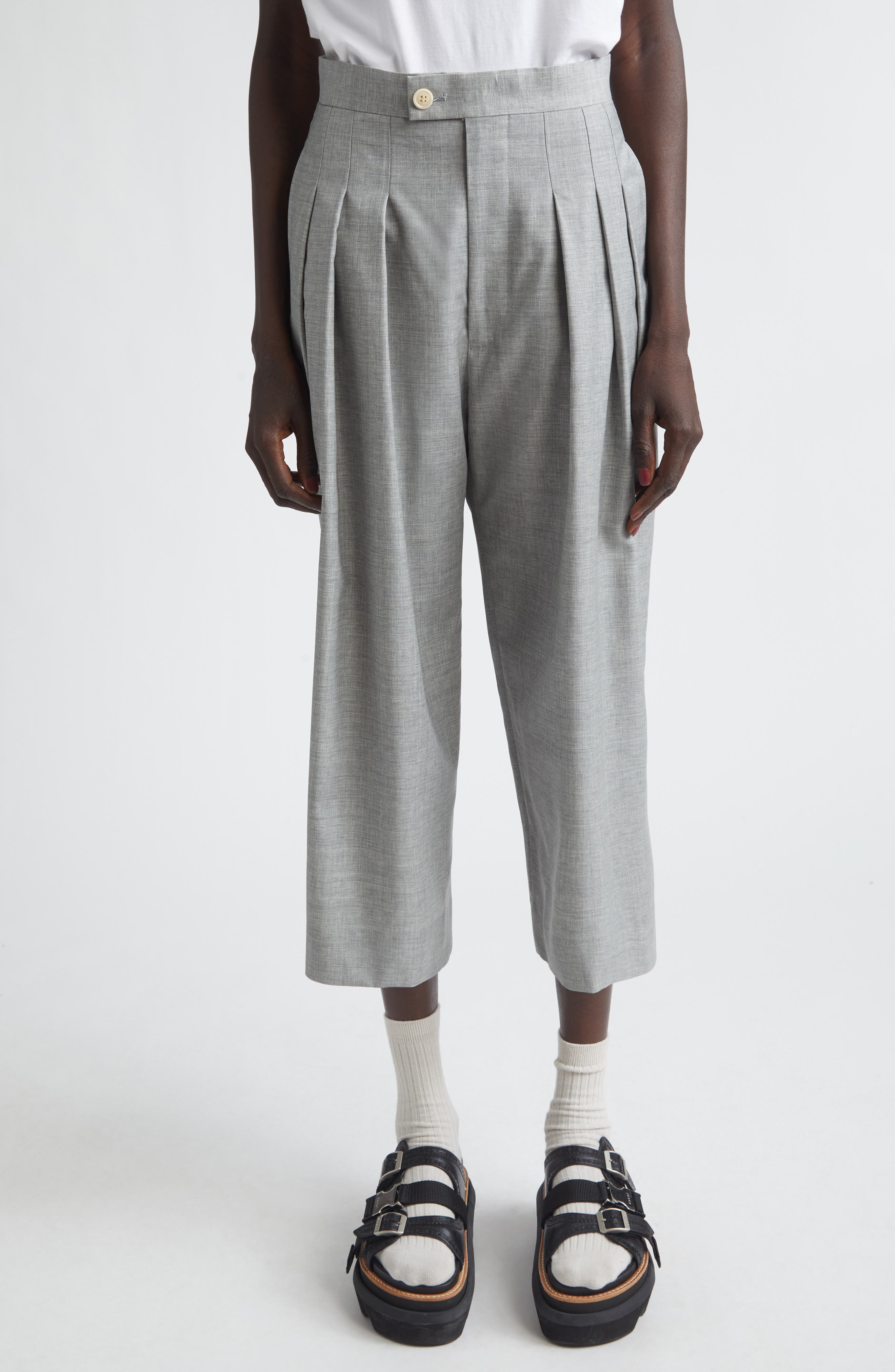 Yarn Dyed Tropical Wool Crop Wide Leg Pants