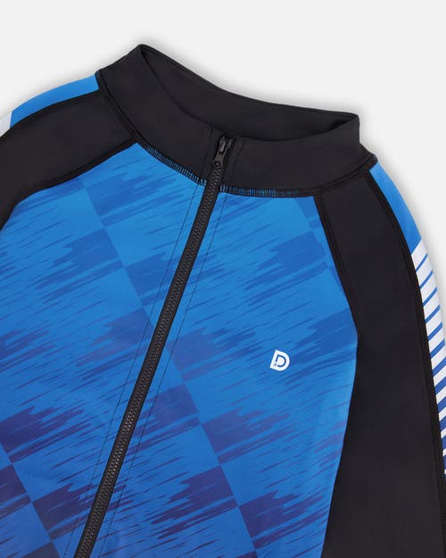 Deux Par Deux Little Boy's Printed Full Zip Athletic Cardigan Blue And Black In Blue And Black