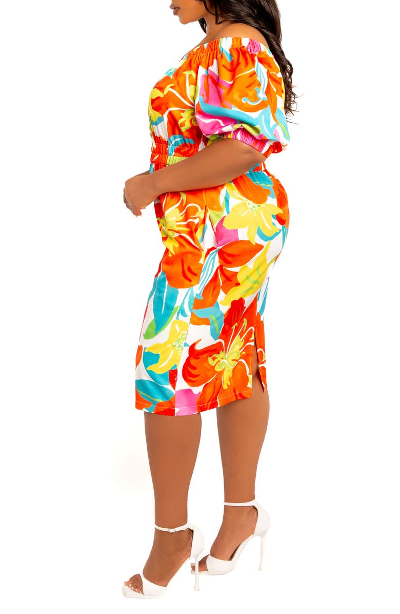 BUXOM COUTURE Floral Print Off the Shoulder Bow Back Dress, Alternate, color, White Multi