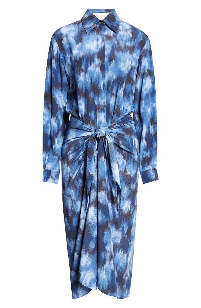 Michael Kors Collection Abstract Print Tie Front Long Sleeve Shirtdress, Alternate, color, Riviera/ Black