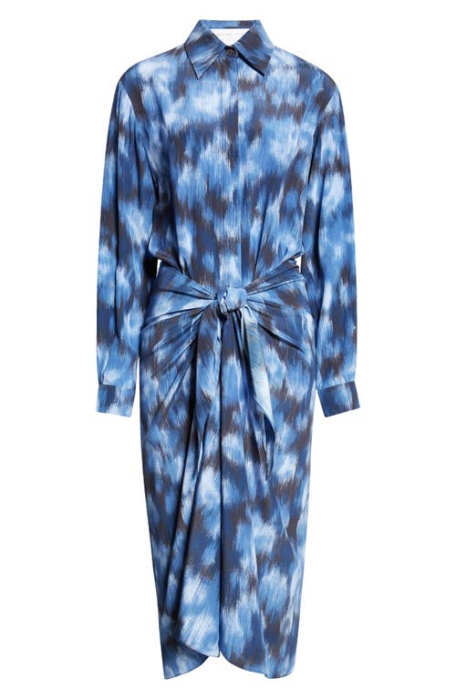 Michael Kors Collection Abstract Print Tie Front Long Sleeve Shirtdress In Blue