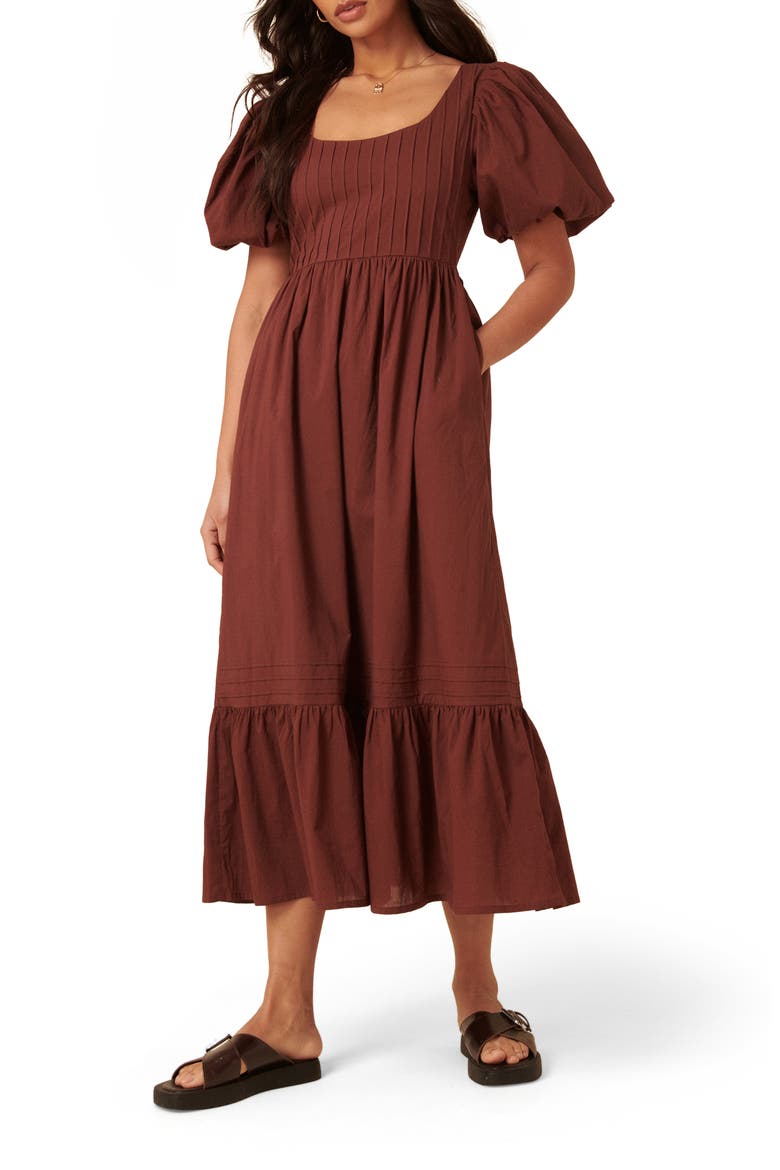 Mimi Puff Sleeve Midi Dress, Main, color, MEDIUM BROWN
