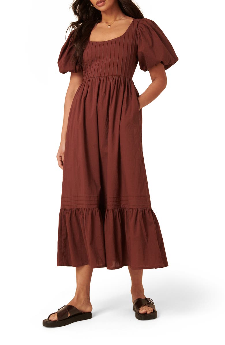 Nobody's Child Mimi Puff Sleeve Midi Dress, Main, color, Medium Brown