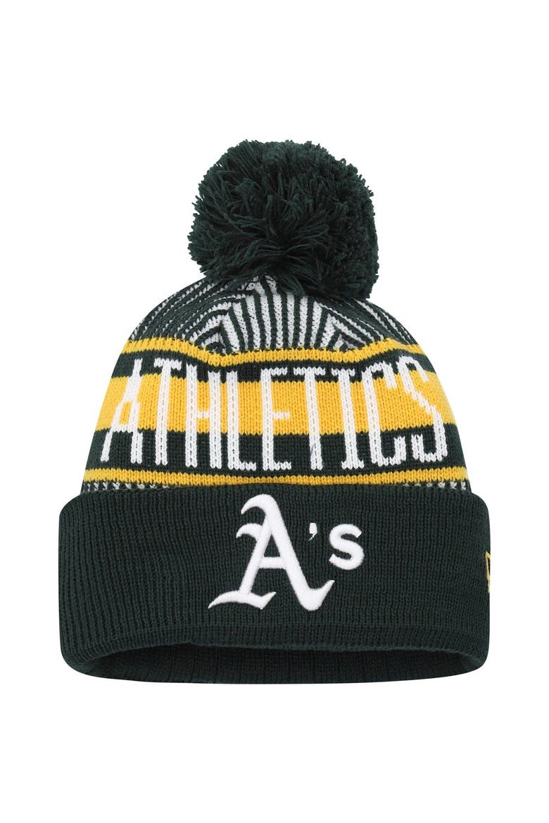 Youth New Era Green Oakland Athletics Striped Cuffed Knit Hat with Pom, Main, color, Green