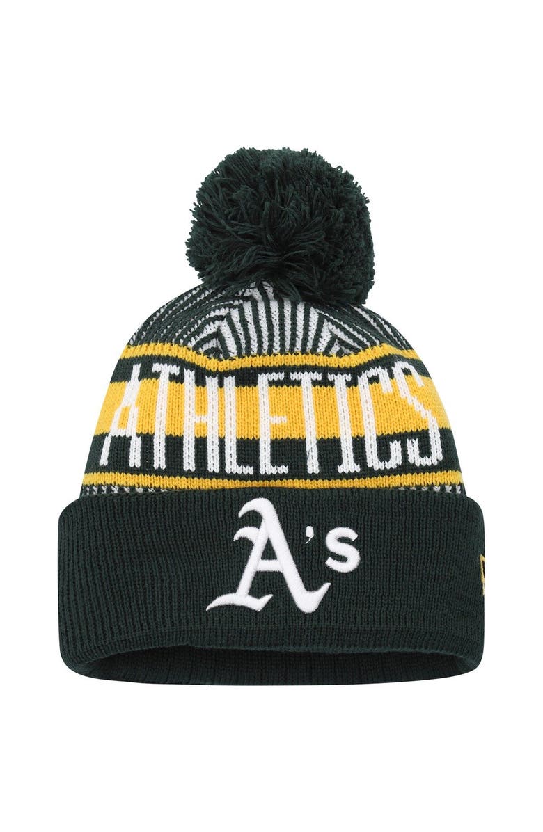 New Era Youth New Era Green Oakland Athletics Striped Cuffed Knit Hat with Pom, Main, color, Green