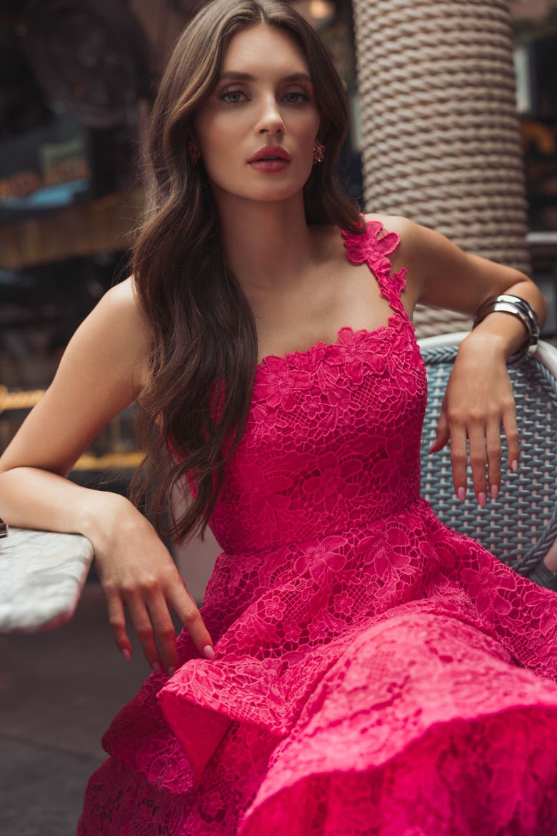 Sleeveless Embroidered Lace Ruffle Midi Dress, Alternate, color, Hot Pink