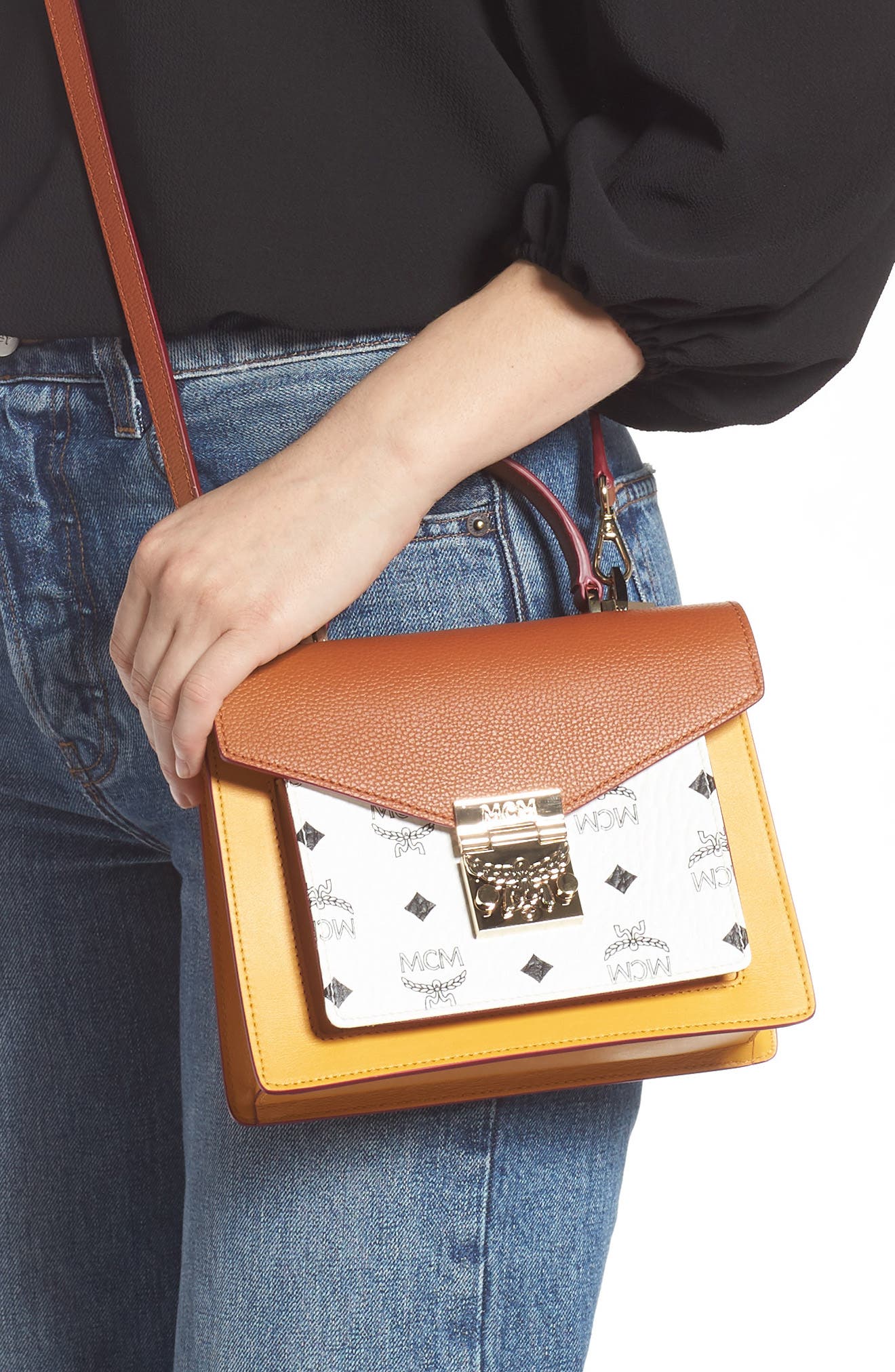 MCM Patricia Visetos Coated Canvas & Leather Block Satchel, Alternate, color, 