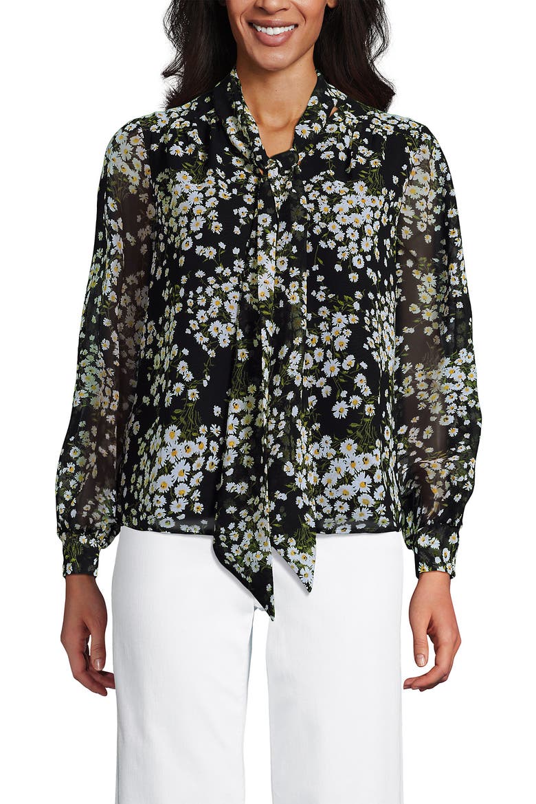 Chiffon Removable Tie Neck Blouse, Alternate, color, Black Tossed Daisies
