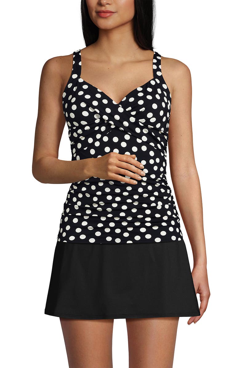Lands' End D-Cup V-Neck Wrap Underwire Tankini Swimsuit Top, Main, color, Black/Egret White Tossed Dots